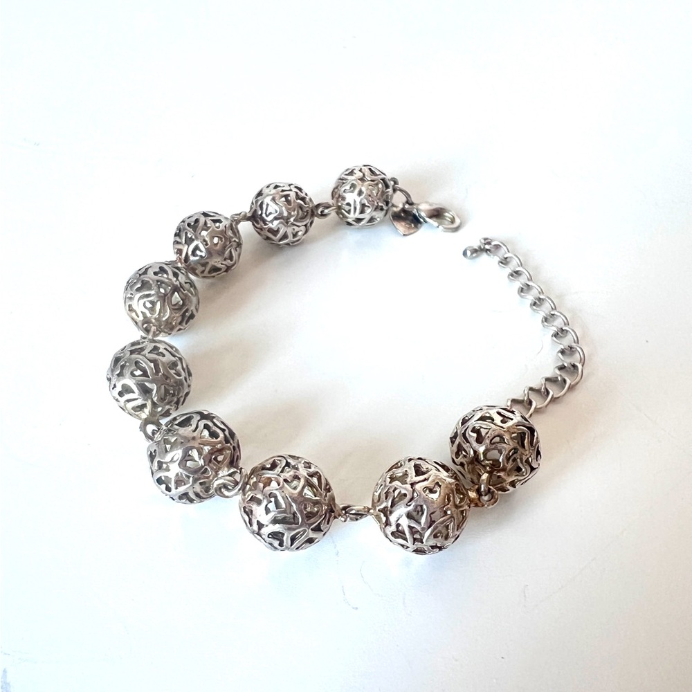 925 Sterling Silver Heart Filigree Bead Bracelet – Adjustable Length